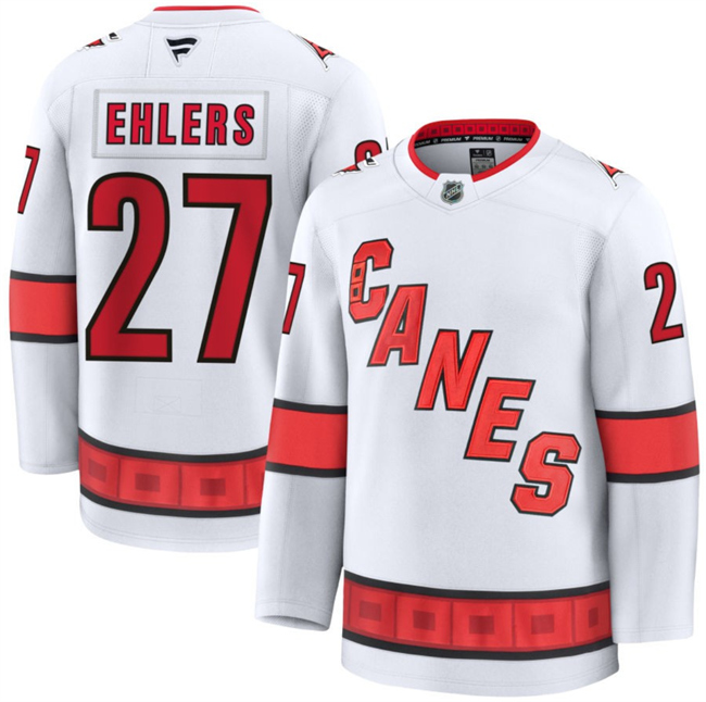 Men's Carolina Hurricanes #27 Nikolaj Ehlers White 2024-25 Away Stitched Hockey Jersey